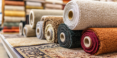 Different rolled carpets variety. Assortment of carpets and decorative rugs on the counter. Background for flooring store