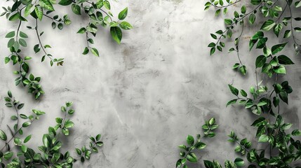 Branches with green leaves at edge on concrete wall. Stylish background. Advertising board