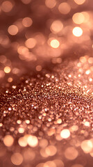 Abstract bokeh light background with glitter, copper and rose gold tones, festive and shimmering, soft focus, elegant blurred sparkles