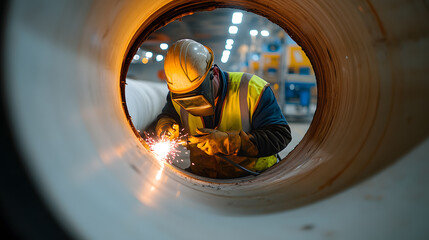 Worker in a Yellow Vest Welding Inside a Huge Sewer Line Pipe | Industrial Welding and Large-Scale Infrastructure Development