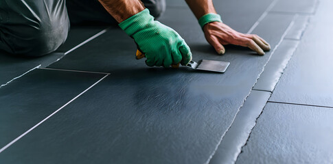 Worker Laying Ceramic Tiles on the Floor of an Apartment | Professional Tiling and Precision Flooring Installation
