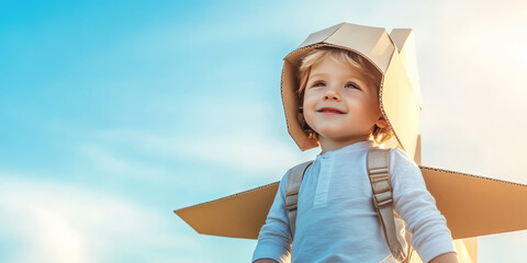 Kid boy aviator playing with cardboard airplane on sunny sky background with copy space, child diy concept