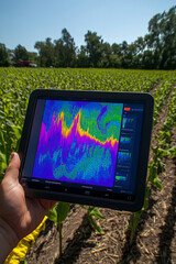 Tecnologia na campo. Produtor rural usando tablet na lavoura
