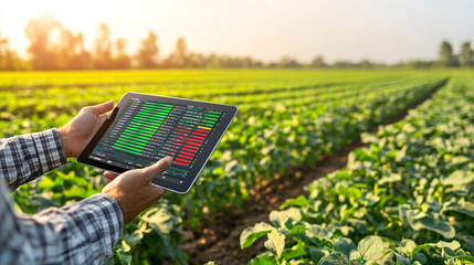 Tecnologia na campo. Produtor rural usando tablet na lavoura