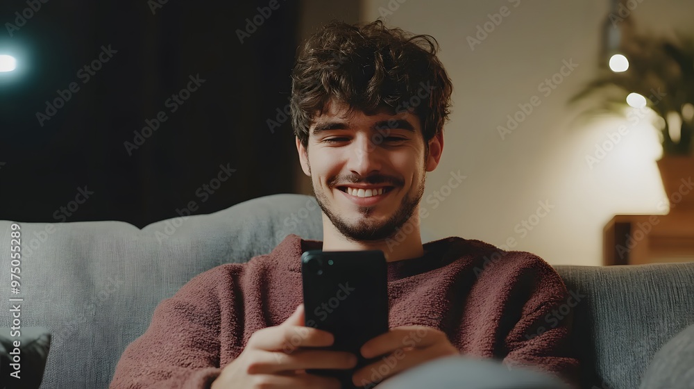 Poster smiling man relaxing on a sofa, using a smartphone