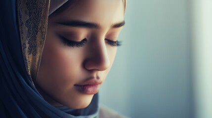 Young muslim woman in a hijab reflects peacefully, exuding serenity and spirituality in a moment of inner contemplation