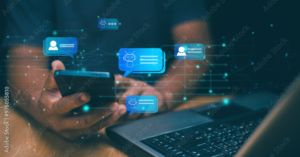 Poster Futuristic technology transformation, Businessman using smartphone for chatting online with AI or chatbot. Online automation chatbot. Chat with AI or Artificial Intelligence technology.
