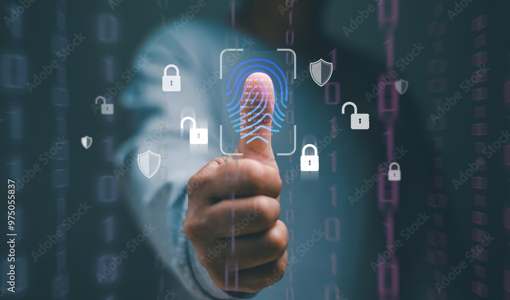Poster businessman fingerprint scan and biometric authentication, concept of surveillance and security scan