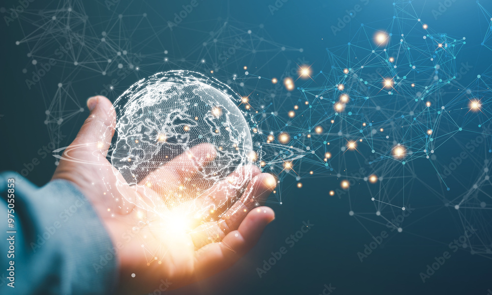 Poster Digital link tech, Businessman holding global technology and media digital network connection, Media and data connection for business concept, Big data analytics and business intelligence.