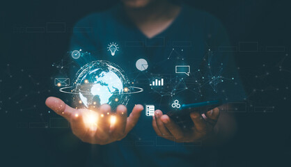 Internet of Things. Businessman using application on smartphone for network connect, Digital link tech, Business global internet connection application technology and digital marketing, big data.