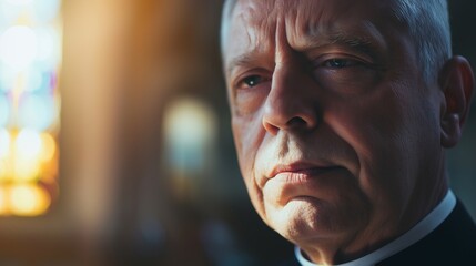 Fototapeta premium Close-up portrait of a senior priest with a thoughtful expression, illuminated by soft window light inside a church, conveying a sense of contemplation and spirituality