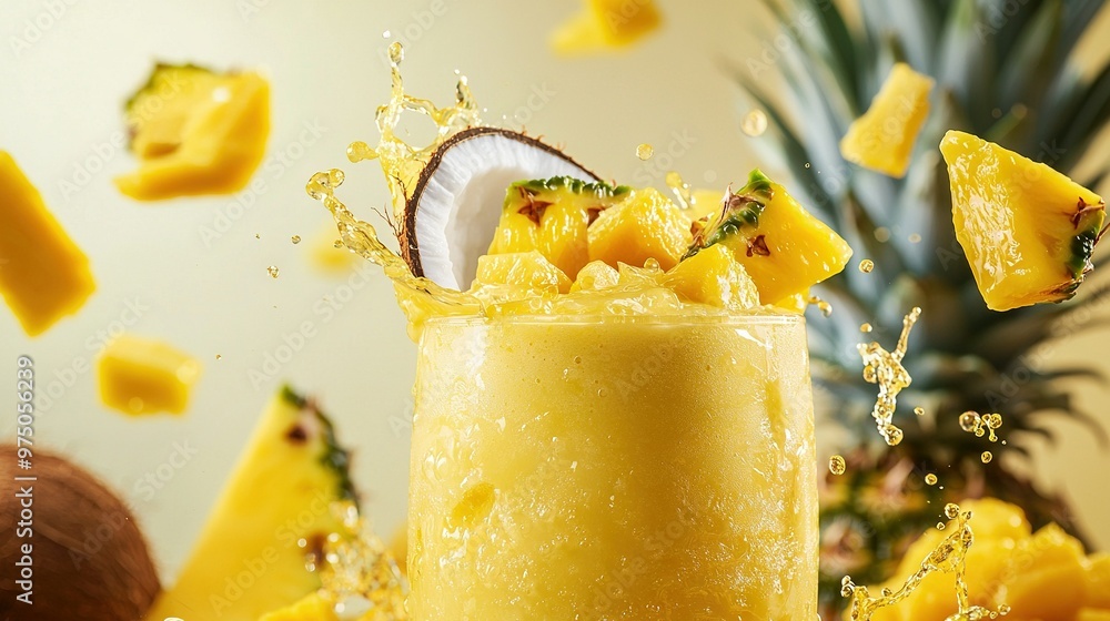 Poster a glass full of golden liquid next to juicy pineapple slices and a whole pineapple on the side