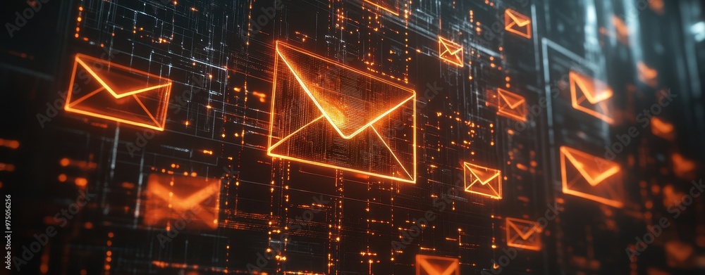 Poster a futuristic digital display showing glowing features of email icons being funneled into the center,