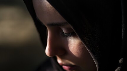 Young woman in a headscarf bathed in gentle light, exuding contemplation and authenticity. The play of light creates a serene atmosphere, showcasing her faith and culture