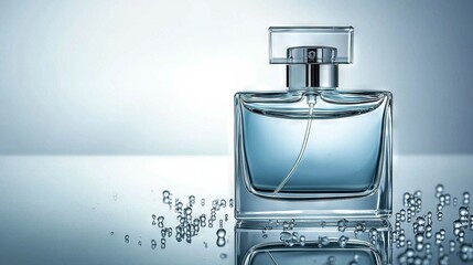   A bottle of perfume sits atop a table, alongside a bottle of water with droplets surrounding it