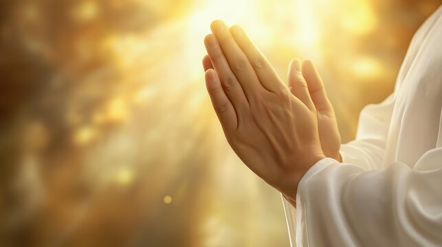 Person praying with folded hands against a warm, glowing background, expressing faith and hope in a serene moment of worship and connection with the divine