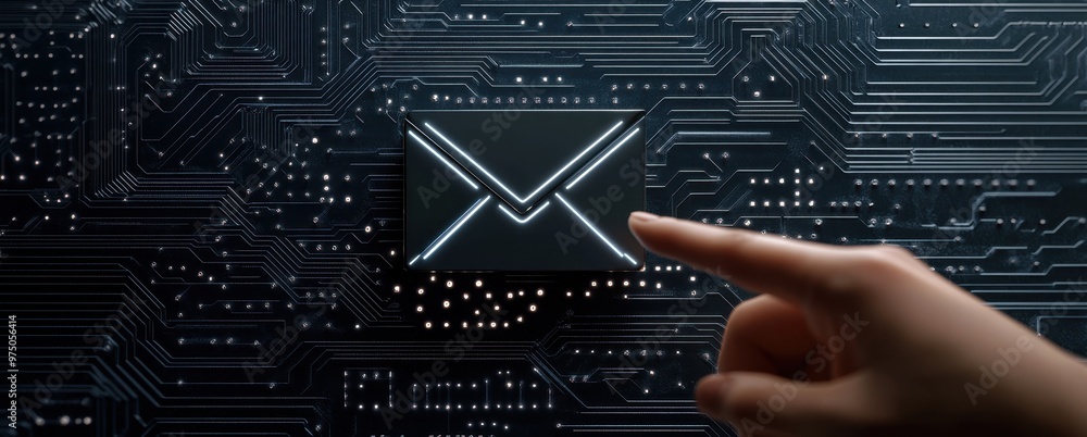 Poster a hand points at the icon of an envelope on a black background with circuit board patterns, creating