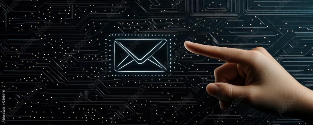 Poster a hand points at the icon of an envelope on a black background with circuit board patterns, creating