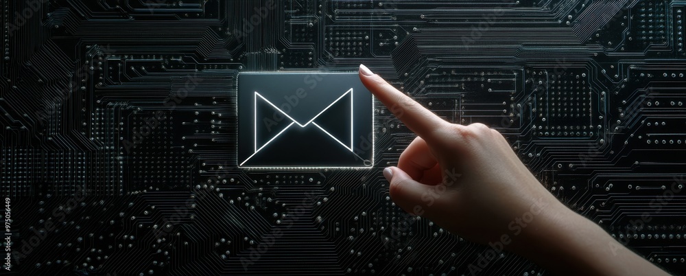 Poster a hand points at the icon of an envelope on a black background with circuit board patterns, creating