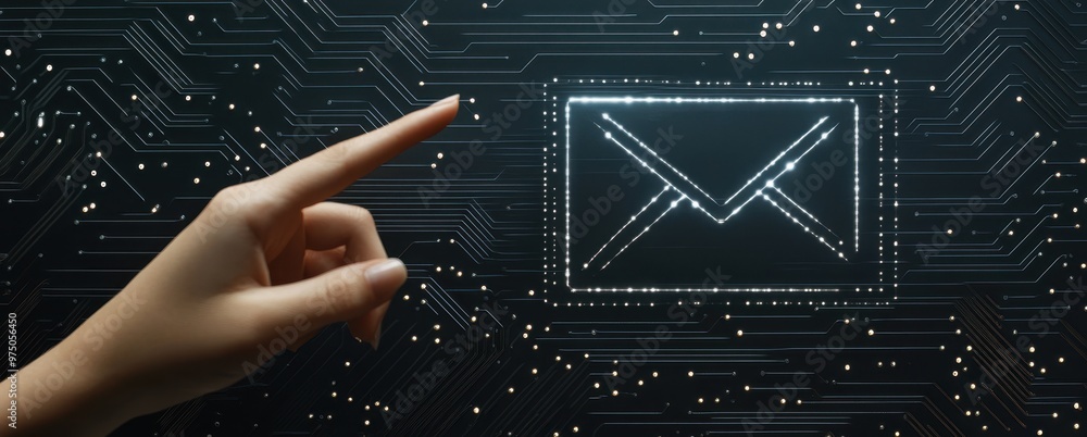 Poster a hand points at the icon of an envelope on a black background with circuit board patterns, creating