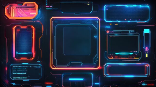 Futuristic glow game stream frames with neon lights, digital HUD elements, and sci-fi look, perfect for online broadcasting, esports visuals, and modern gaming overlays. AI generated illustration.