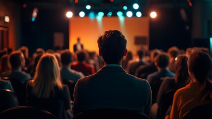 A Man in a Suit Listening to a Presentation in a Dark Room