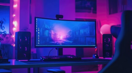 Fototapeta premium Gaming Computer on Desk with Neon Lights. AI generated illustration