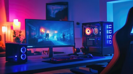 Gaming Computer on Desk with Neon Lights. AI generated illustration