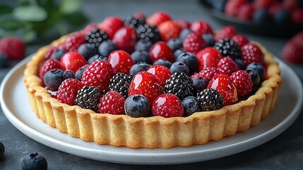   A fruit tart on a plate, adorned with juicy berries and blueberries at its center, awaits your taste buds