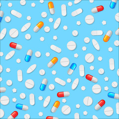 abstract background for medicine. various capsules, tablets and pills scattered on the table.Painkillers, antibiotics, vitamins, amino acids, minerals, bio active additive, sports nutrition.