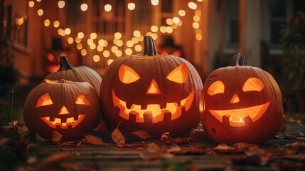 Fototapeta premium Three jack o' lanterns lit with candles on a porch for Halloween