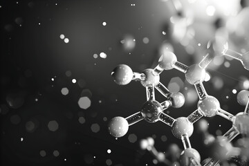 3D botulinum toxin structure material is glass with an black sphere on a black background. Concept template of scientific research, microcosm, botulinum molecules, molecular binding.