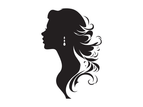 recommend clip art: Black silhouette of a woman's profile with flowing hair and earrings isolated on a white background. Concept of feminine elegance, minimalist design, fashion illustration, artistic portrait