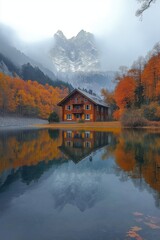 Fototapeta premium Tranquil autumn scene with reflective lake, colorful trees, house, and mountains.