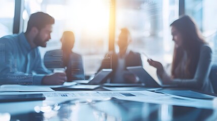 Blurred Business Meeting with Data Overlays