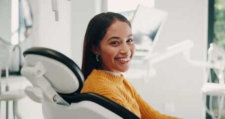 Dentist, healthcare and face of woman with smile for consulting, teeth whitening and wellness. Happy, dentistry and portrait of person in chair for dental hygiene, oral care and medical services