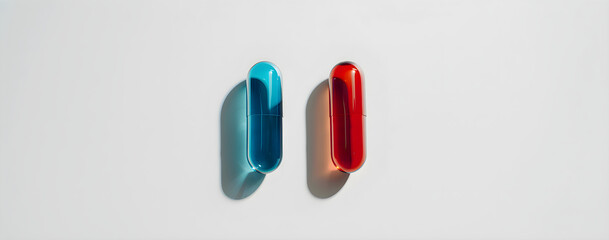 Red and blue capsules on a white background. Choice concept. Banner template for advertising vitamins, medicines, healthy lifestyle, microelements copyspace