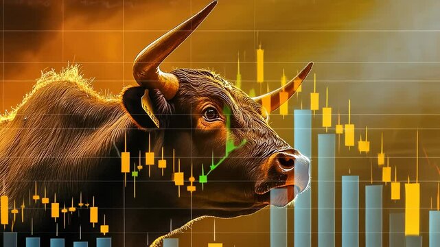 A bullish symbol stands against a golden backdrop with a stock market graph overlay. The image exudes confidence and optimism. The bull represents financial strength and growth.