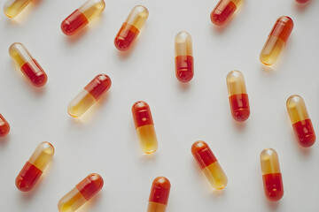 Orange capsules on a white background. Banner template for advertising vitamins, medicines, healthy lifestyle, microelements with copyspace