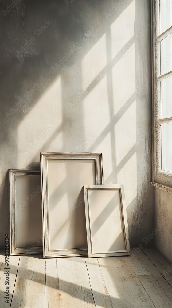 Poster empty picture frames in sunlight by window, minimalist interior design concept
