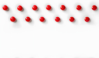 Red pills frame on a white background. Banner template for advertising vitamins, medicines, healthy lifestyle, microelements  with copyspace