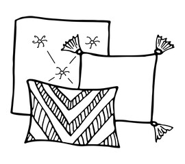Stack of cushion. Doodle home bedroom pillows. Cozy hand drawn bedding lay in stack. Interior comfortable elements. Vector textile sleeping accessories. Isolated on white background.