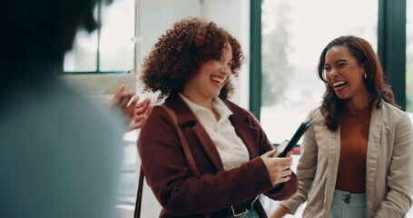 Business people, handshake and happy with celebration, diversity and applause for promotion. Woman, employees and colleagues in onboarding for new hire, negotiation and meeting in company or office - Powered by Adobe