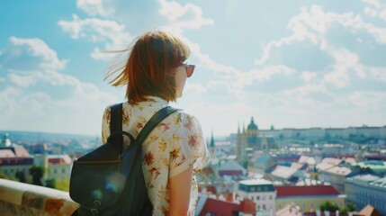 A traveler with a backpack admires a panoramic cityscape under a bright blue sky filled with fluffy clouds.