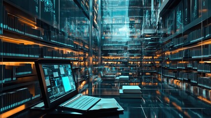 Digital Library Inside a Computer. AI generated illustration.