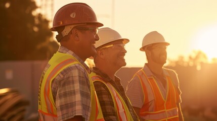 Three construction workers in safety gear share a laugh during sunset, with warm, golden light illuminating their cheerful faces on a worksite.