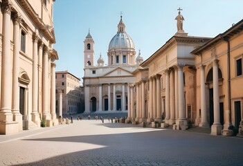 A historic city square in Rome, Italy with a large church dome, obelisk, and cobblestone streets lined with old buildings