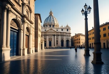 Obraz premium A historic city square in Rome, Italy with a large church dome, obelisk, and cobblestone streets lined with old buildings