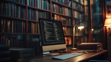 Digital Library Inside a Computer. AI generated illustration.