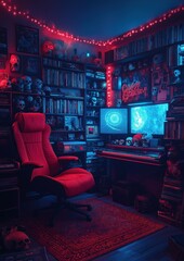 Sophisticated gaming room with neon lights, comfy chair, and multiple screens oozes modern tech vibe